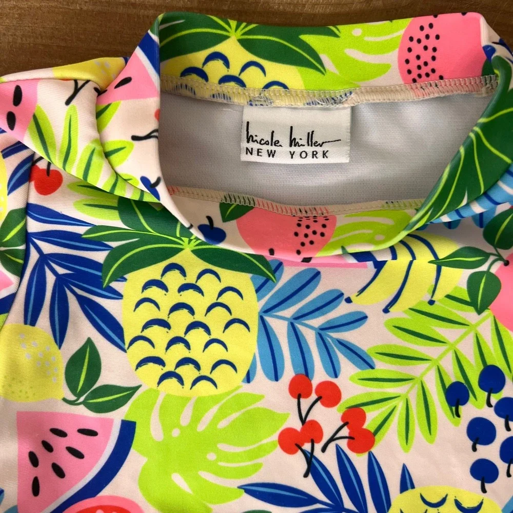 Nicole‎ Miller New York Girls Tropical Fruit Rash Guard Peplum Pom Pom Swim Top